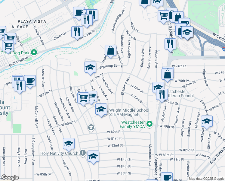 map of restaurants, bars, coffee shops, grocery stores, and more near 7824 Henefer Avenue in Los Angeles