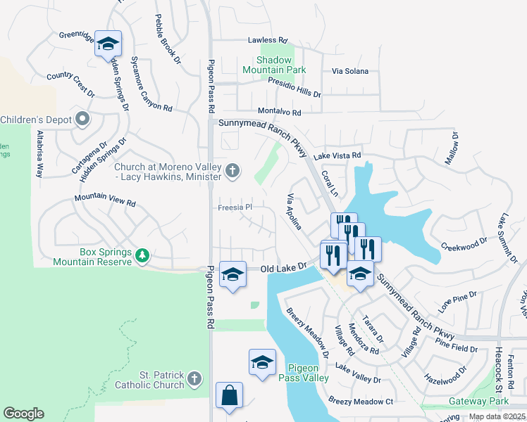 map of restaurants, bars, coffee shops, grocery stores, and more near 23209 Freesia Place in Moreno Valley