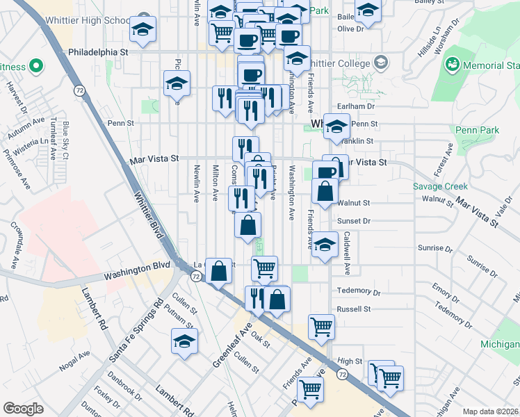 map of restaurants, bars, coffee shops, grocery stores, and more near 7722 Greenleaf Avenue in Whittier