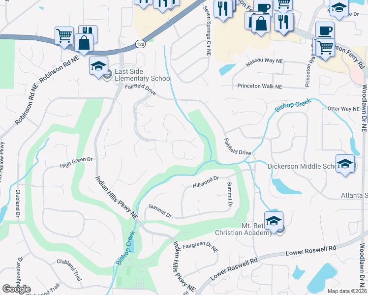 map of restaurants, bars, coffee shops, grocery stores, and more near 875 Muirfield Trail Northeast in Marietta