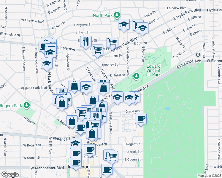 map of restaurants, bars, coffee shops, grocery stores, and more near 421 East Beach Avenue in Inglewood