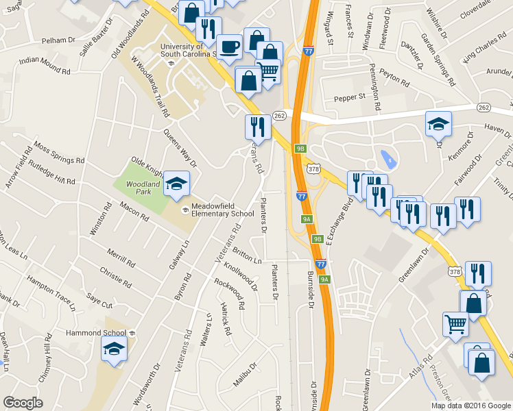 map of restaurants, bars, coffee shops, grocery stores, and more near 6 Veterans Pointe Lane in Columbia