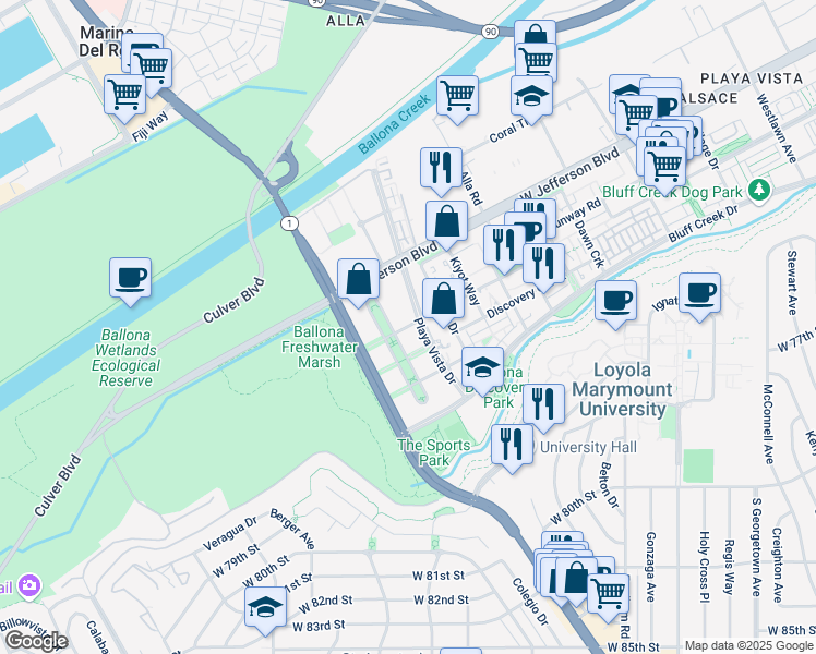 map of restaurants, bars, coffee shops, grocery stores, and more near 6001 Crescent Park East in Los Angeles