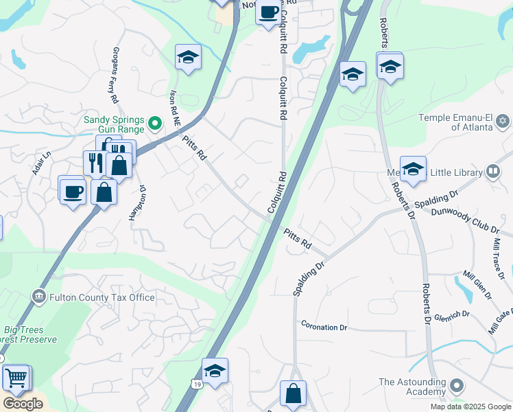 map of restaurants, bars, coffee shops, grocery stores, and more near 1089 Brentwood Way in Sandy Springs