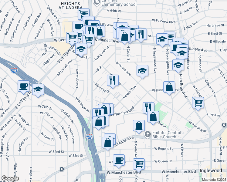 map of restaurants, bars, coffee shops, grocery stores, and more near 839 Glenway Drive in Inglewood