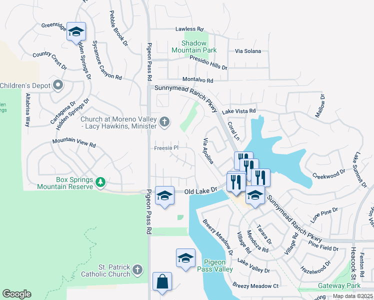 map of restaurants, bars, coffee shops, grocery stores, and more near 23209 Freesia Place in Moreno Valley