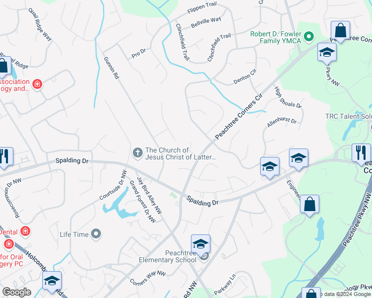 map of restaurants, bars, coffee shops, grocery stores, and more near 5875 Grizzard Court in Norcross