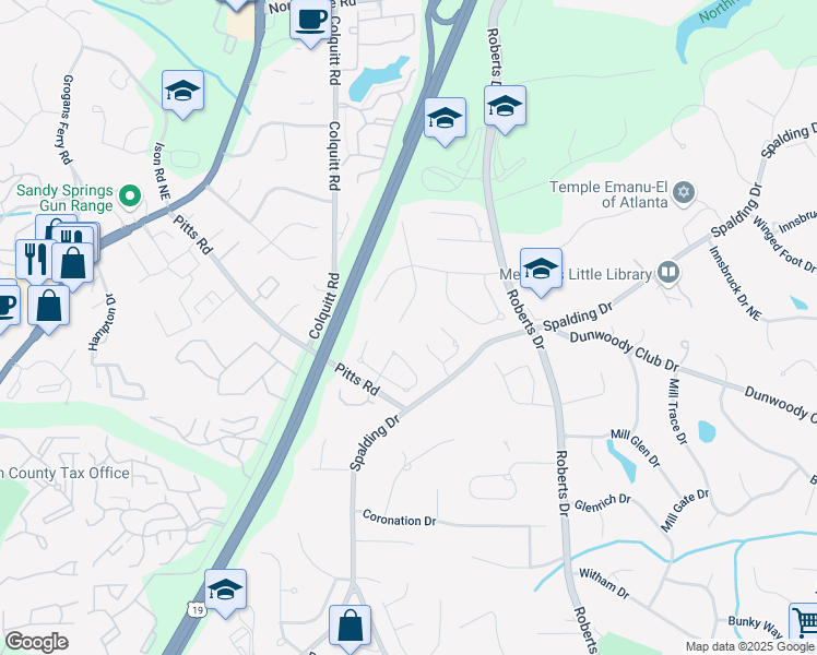 map of restaurants, bars, coffee shops, grocery stores, and more near 305 Spindle Court in Atlanta