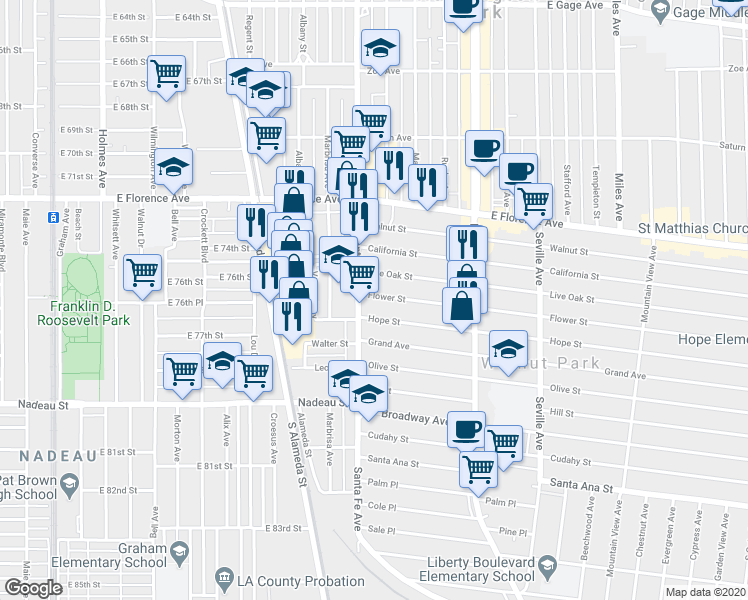 map of restaurants, bars, coffee shops, grocery stores, and more near 2418 Flower Street in Huntington Park