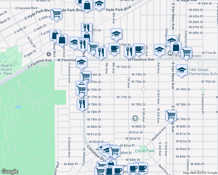 map of restaurants, bars, coffee shops, grocery stores, and more near 3119 West 76th Street in Los Angeles