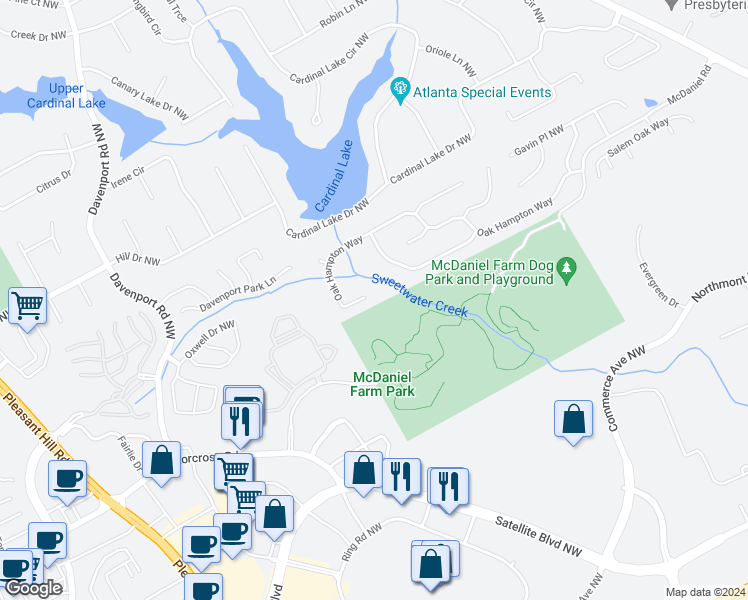map of restaurants, bars, coffee shops, grocery stores, and more near 3525 Oak Hampton Way in Duluth