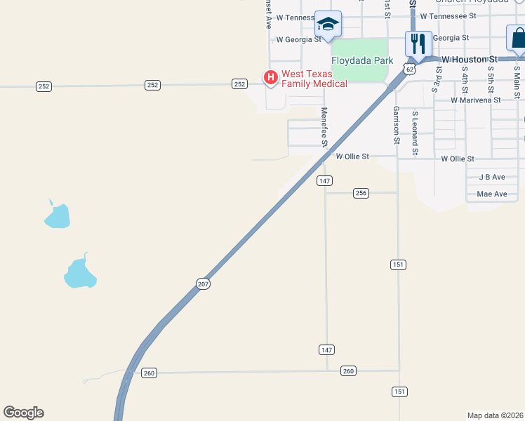 map of restaurants, bars, coffee shops, grocery stores, and more near 1226 South Ralls Highway in Floydada