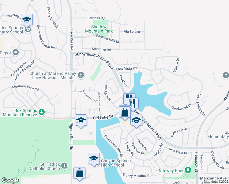 map of restaurants, bars, coffee shops, grocery stores, and more near 10318 Vía Pastoral in Moreno Valley
