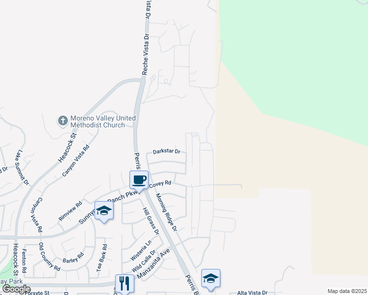 map of restaurants, bars, coffee shops, grocery stores, and more near 24811 Darkstar Drive in Moreno Valley