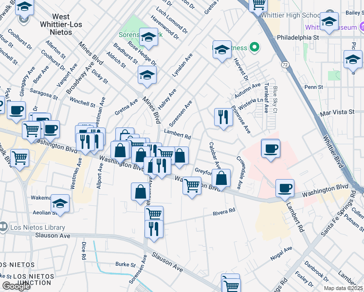 map of restaurants, bars, coffee shops, grocery stores, and more near 7822 Wellsford Avenue in Whittier