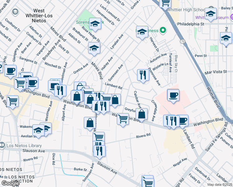 map of restaurants, bars, coffee shops, grocery stores, and more near 7822 Wellsford Avenue in Whittier
