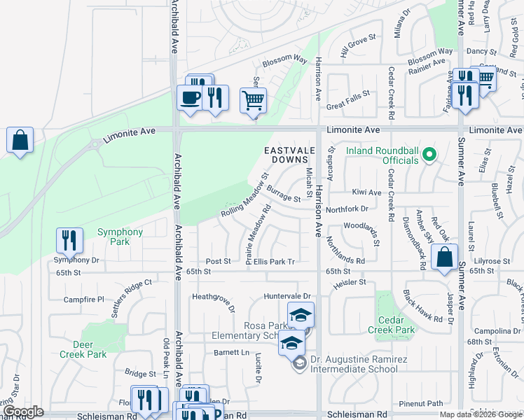 map of restaurants, bars, coffee shops, grocery stores, and more near 6465 Emerald Downs Street in Corona