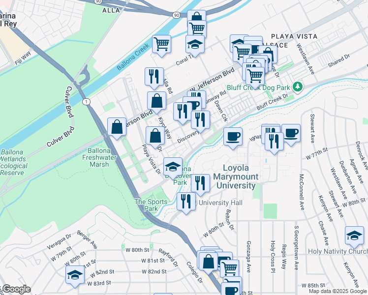 map of restaurants, bars, coffee shops, grocery stores, and more near 13061 Bluff Creek Drive in Los Angeles