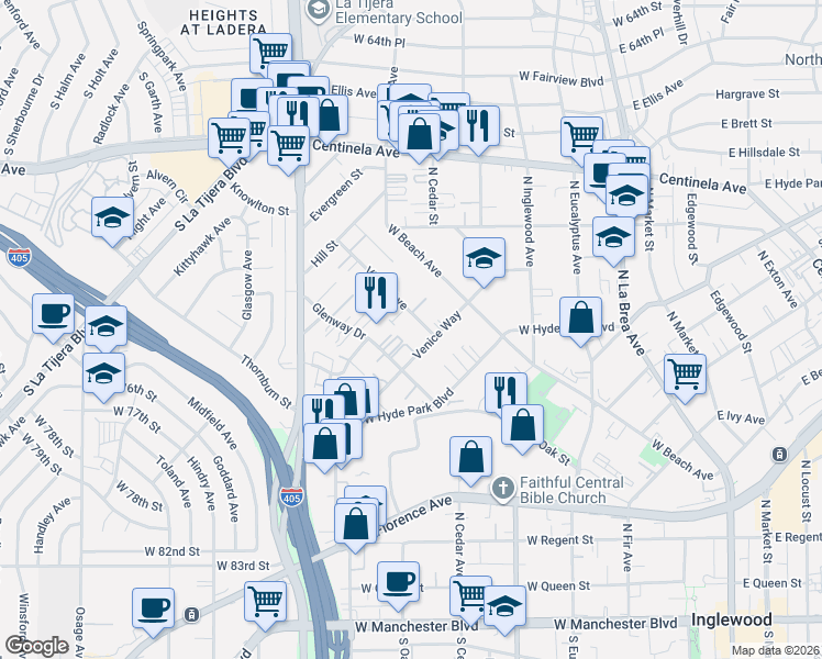 map of restaurants, bars, coffee shops, grocery stores, and more near 816 Victor Avenue in Inglewood