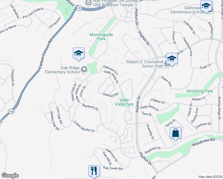 map of restaurants, bars, coffee shops, grocery stores, and more near 3105 Oaktrail Road in Chino Hills