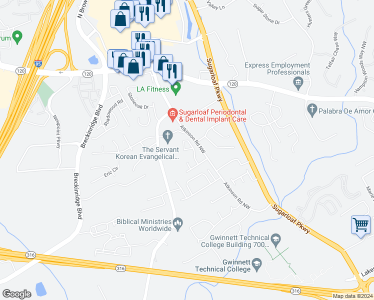 map of restaurants, bars, coffee shops, grocery stores, and more near 2003 Thomas Pointe Trace in Lawrenceville