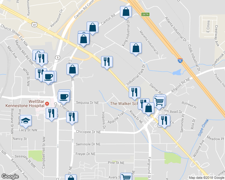 map of restaurants, bars, coffee shops, grocery stores, and more near 800 Kiowa Drive Northeast in Marietta