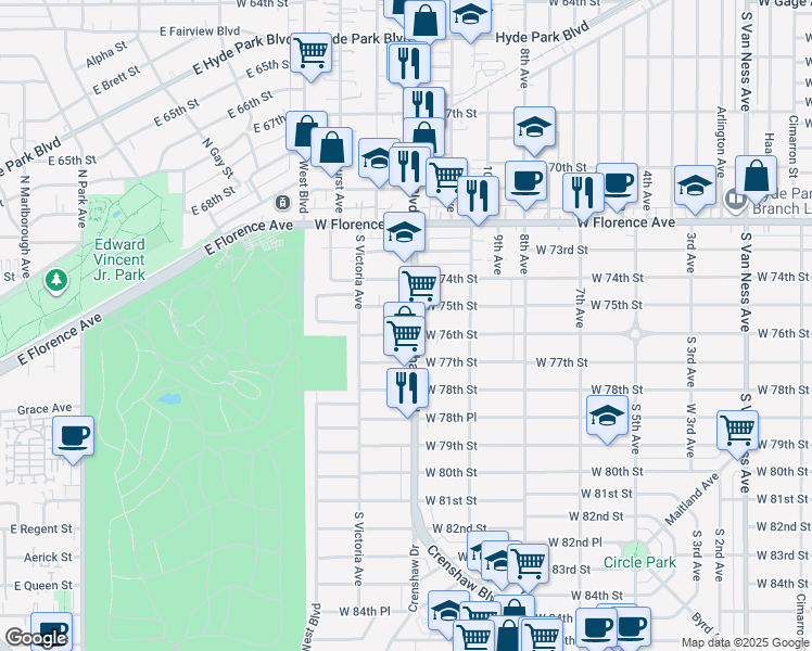 map of restaurants, bars, coffee shops, grocery stores, and more near 7521 Crenshaw Boulevard in Los Angeles