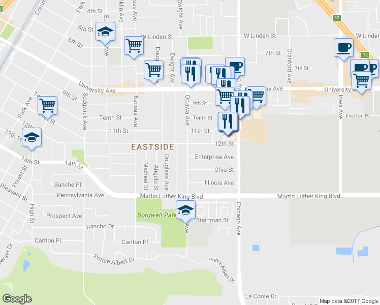 map of restaurants, bars, coffee shops, grocery stores, and more near 1884 Enterprise Avenue in Riverside