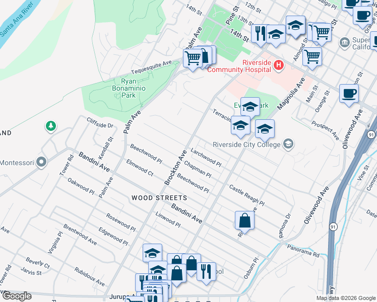 map of restaurants, bars, coffee shops, grocery stores, and more near 4085 Chapman Place in Riverside