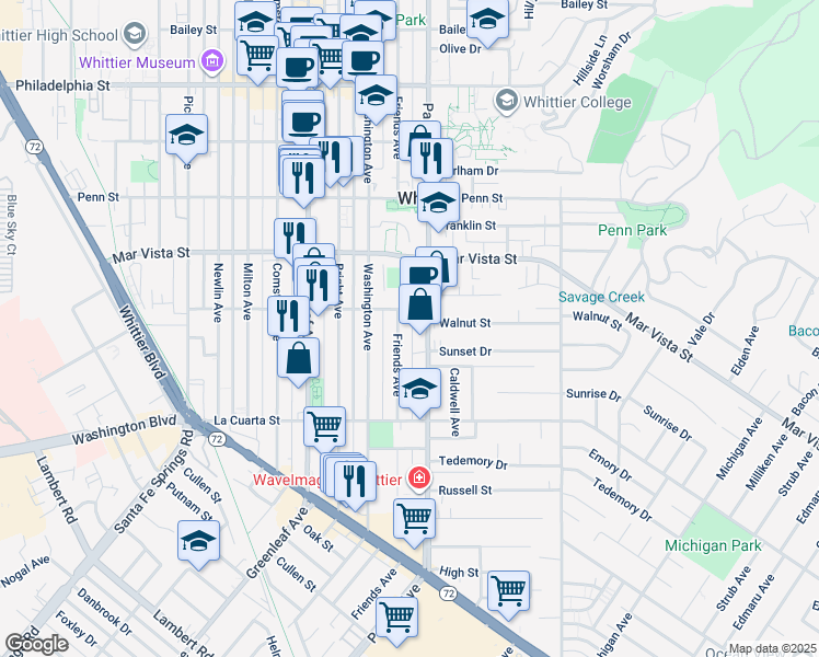 map of restaurants, bars, coffee shops, grocery stores, and more near 7746 Friends Avenue in Whittier