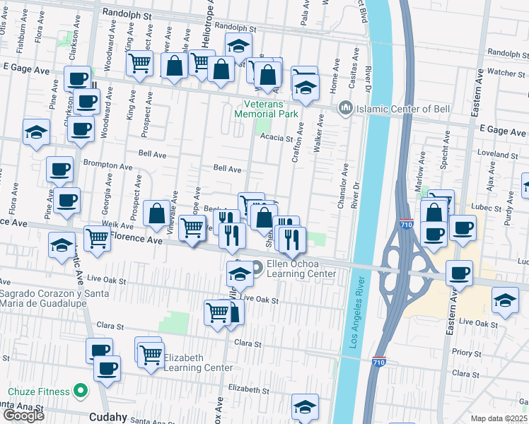 map of restaurants, bars, coffee shops, grocery stores, and more near 7003 Sherman Way in Bell