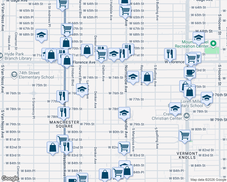 map of restaurants, bars, coffee shops, grocery stores, and more near 7610 South Halldale Avenue in Los Angeles