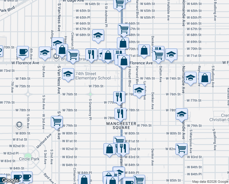 map of restaurants, bars, coffee shops, grocery stores, and more near 7611 South Western Avenue in Los Angeles