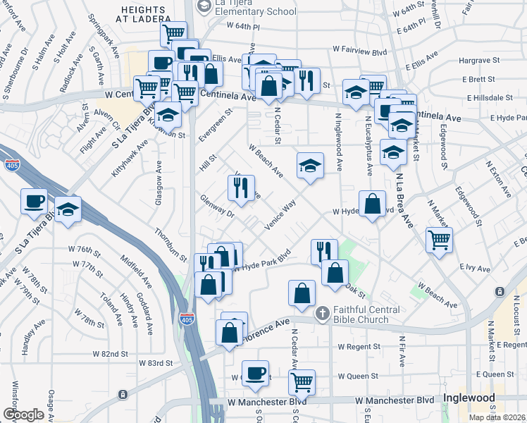 map of restaurants, bars, coffee shops, grocery stores, and more near 816 Victor Avenue in Inglewood