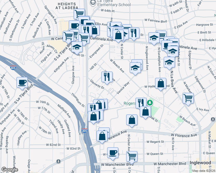 map of restaurants, bars, coffee shops, grocery stores, and more near 839 Glenway Drive in Inglewood