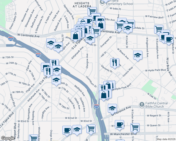 map of restaurants, bars, coffee shops, grocery stores, and more near 5283 Thornburn Street in Los Angeles