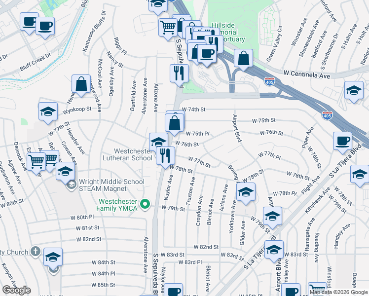 map of restaurants, bars, coffee shops, grocery stores, and more near 6230 West 77th Street in Los Angeles
