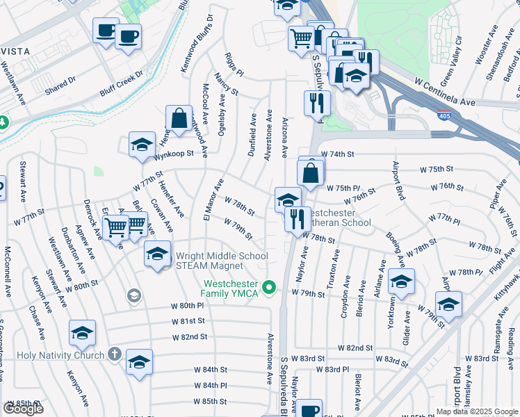map of restaurants, bars, coffee shops, grocery stores, and more near 6338 West 78th Street in Los Angeles