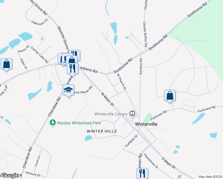 map of restaurants, bars, coffee shops, grocery stores, and more near 355 Winter Street in Winterville
