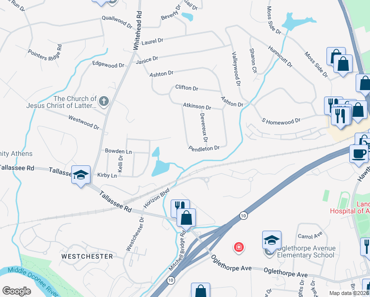 map of restaurants, bars, coffee shops, grocery stores, and more near 280 Kirby Lane in Athens