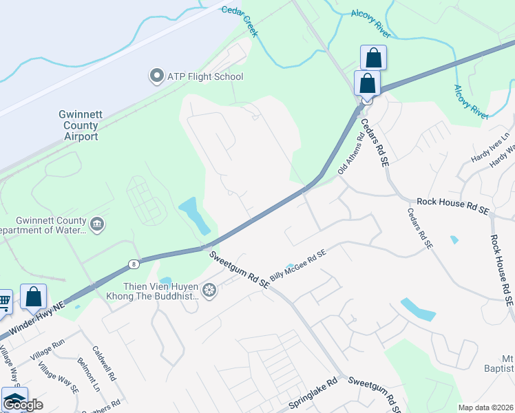 map of restaurants, bars, coffee shops, grocery stores, and more near 2 Ledgewood Mill Way Northeast in Lawrenceville