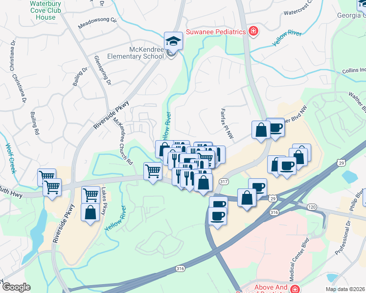 map of restaurants, bars, coffee shops, grocery stores, and more near 954 Haley Woods Lane in Lawrenceville