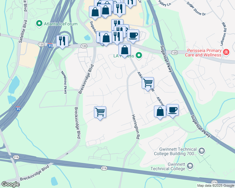 map of restaurants, bars, coffee shops, grocery stores, and more near 1587 Herrington Road in Lawrenceville