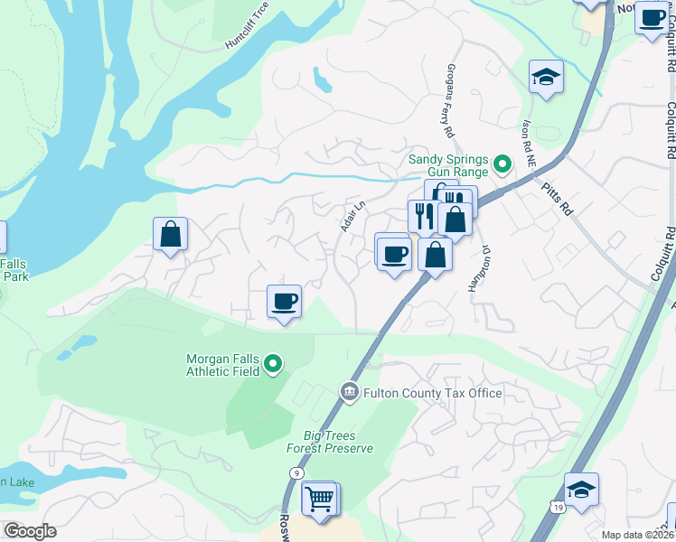 map of restaurants, bars, coffee shops, grocery stores, and more near 7877-7939 Adair Ln in Sandy Springs