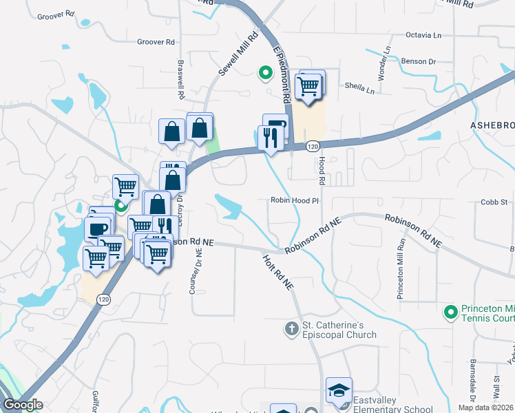 map of restaurants, bars, coffee shops, grocery stores, and more near 833 Mary Ann Drive in Marietta
