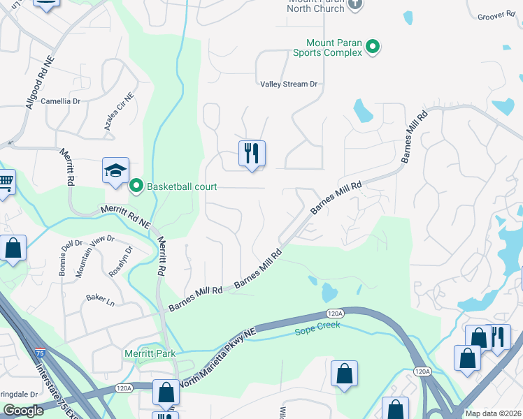 map of restaurants, bars, coffee shops, grocery stores, and more near 775 Barnes Mill Trace Northeast in Marietta