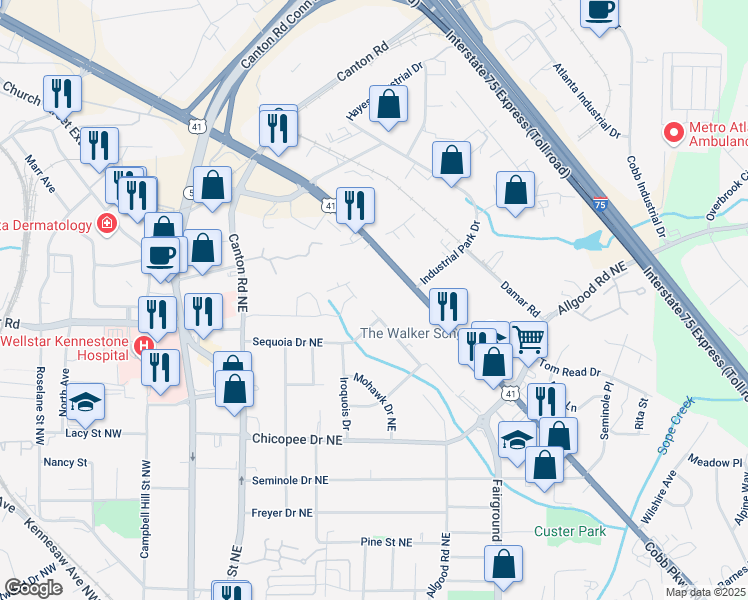 map of restaurants, bars, coffee shops, grocery stores, and more near 800 Kiowa Drive Northeast in Marietta
