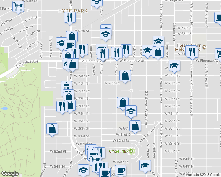 map of restaurants, bars, coffee shops, grocery stores, and more near 2923 West 76th Street in Los Angeles