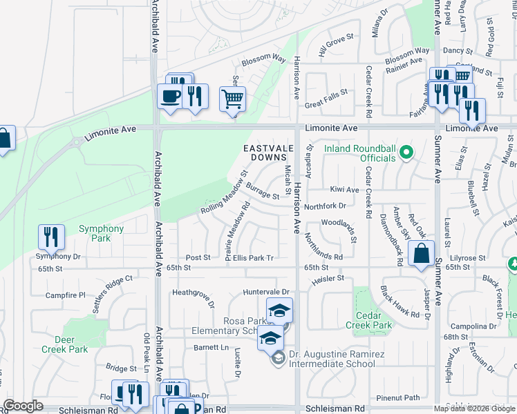 map of restaurants, bars, coffee shops, grocery stores, and more near 13912 Camp Rock Street in Corona