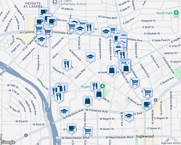 map of restaurants, bars, coffee shops, grocery stores, and more near 712 West Beach Avenue in Inglewood